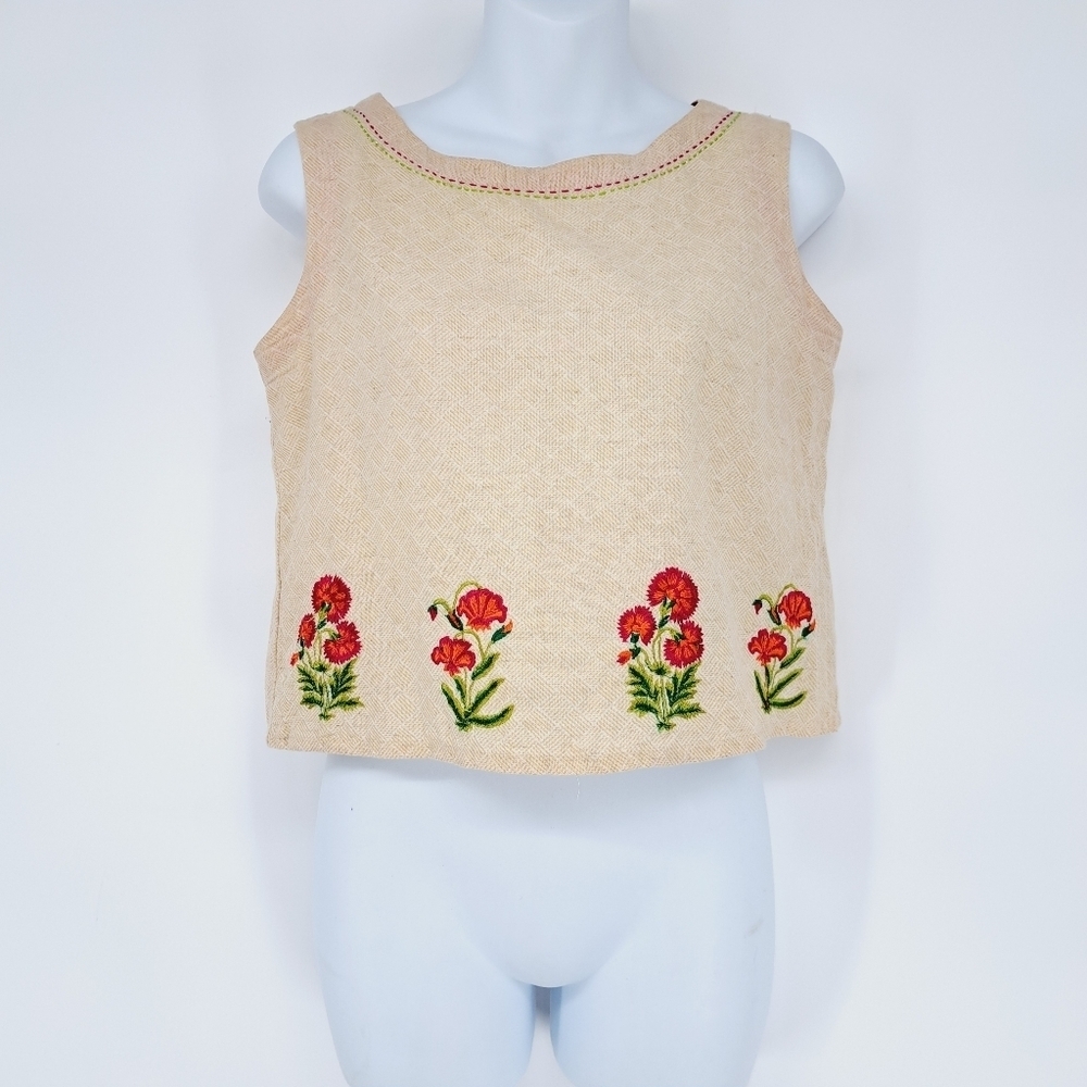MAX Cotton‎ Flex Blend Embroidered Poppies Button Back Cropped Blouse Size Small
